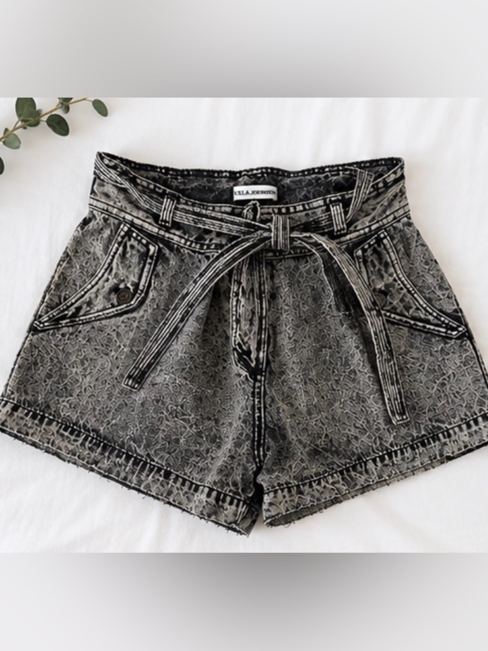 Ulla Johnson Distressed Black Acid-Wash Tie-Belt Denim Shorts
